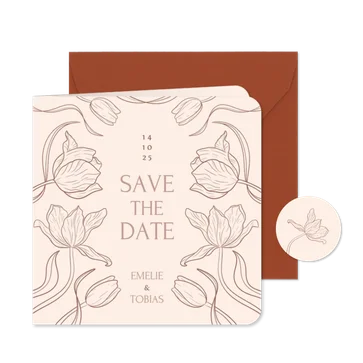 Stijlvolle vintage trouwkaart beige bloemen save the date